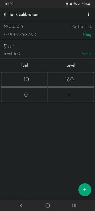 Calibration table with 10 liters already in the tank